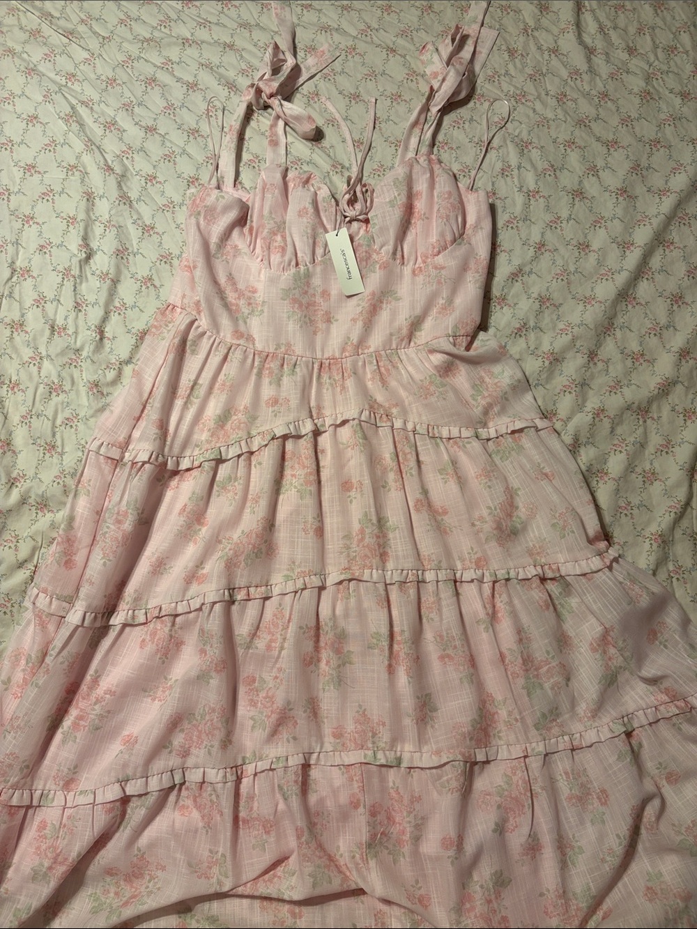 Women Pink Floral Tiered Sundress with Tie Straps